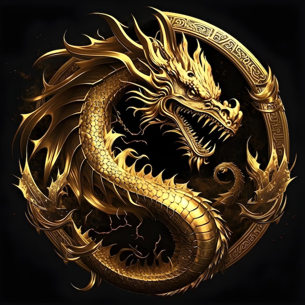 A gold dragon with a circle in the middle