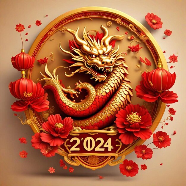 Photo a gold dragon with red flowers and a dragon on it