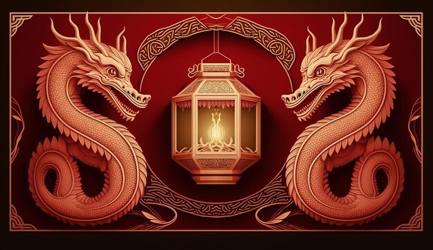 Золотые драконы и фонарь на красном фоне Generative Ai