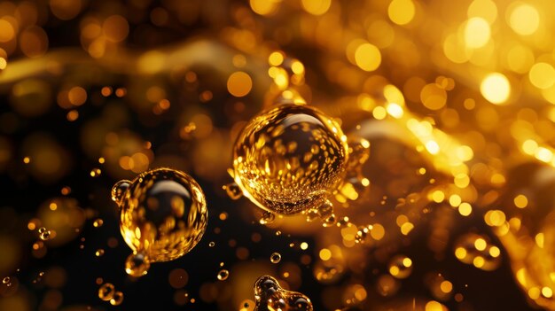 Foto gocce d'oro su uno sfondo scuro frammenti di liquido dorato con riflessi lucidi