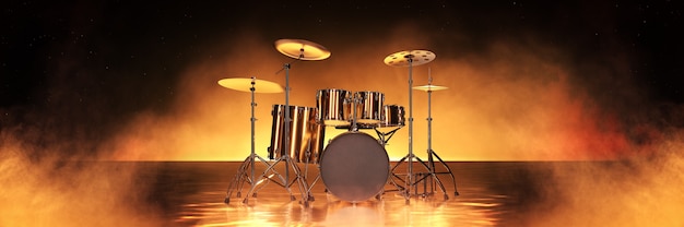 Gold drum kit in golden background 3d rendering