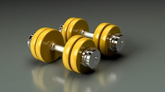 Gold dumbbells on a gray background 3d illustration