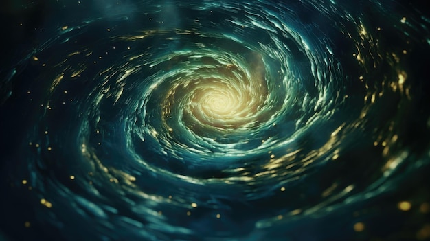 Gold Dust Particles Creating Spiral Waves in a Blue Liquid with a Green Tint A whirlpool of shiny p