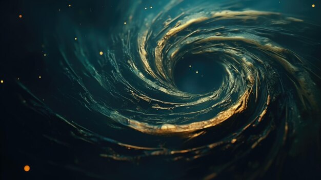 Gold Dust Particles Creating Spiral Waves in a Blue Liquid with a Green Tint A whirlpool of shiny