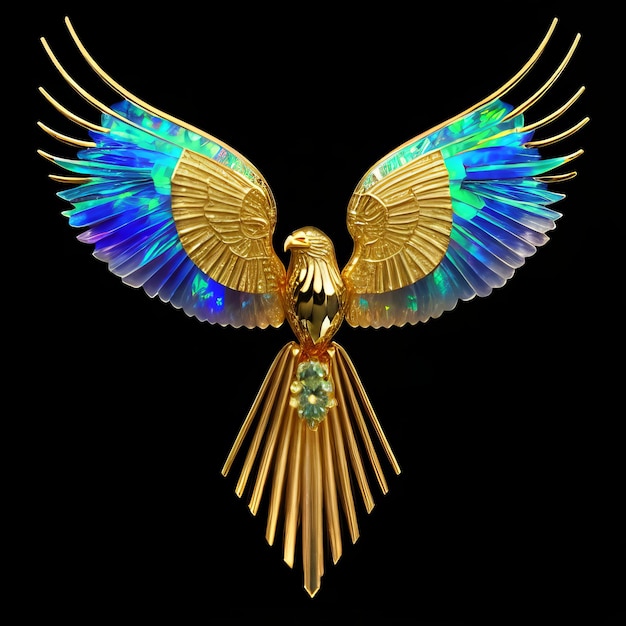 A gold eagle with blue and gold wings and a black background