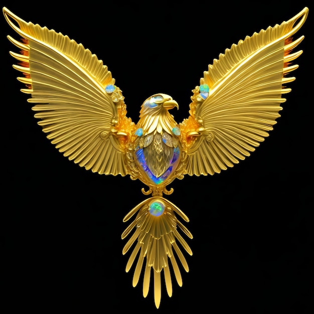 A gold eagle with blue and green stones is on a black background