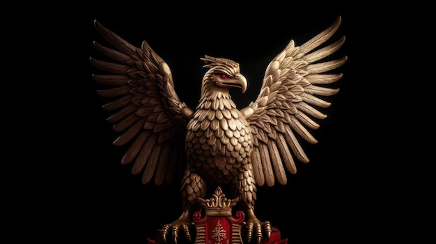 A gold eagle with a red crown on it