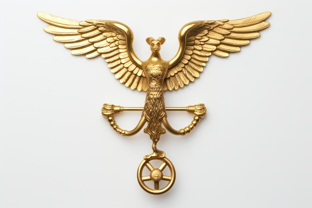 A gold eagle with a wheel in the center