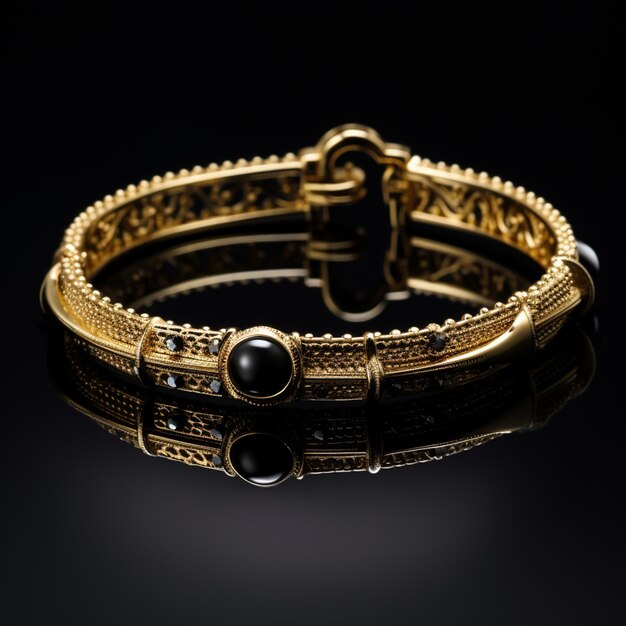 Gold ear ring and bracelet in dark black background