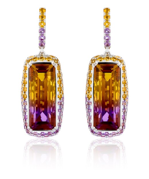 Gold earrings with precious stones ametrine. earrings in white gold with precious stones citrines, ametis.