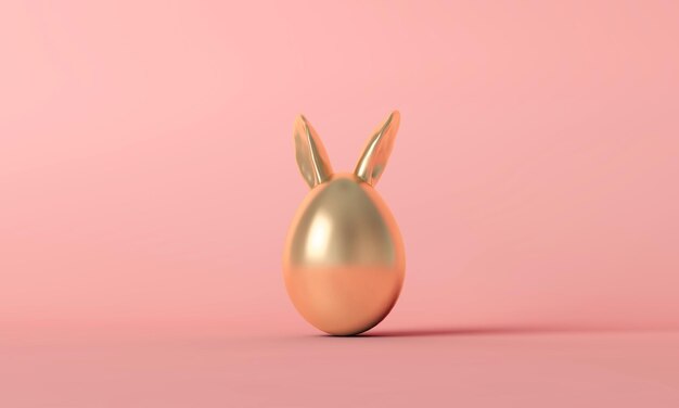 Gold easter egg with cute spring bunny ears on a pastel pink background 3D Rendering