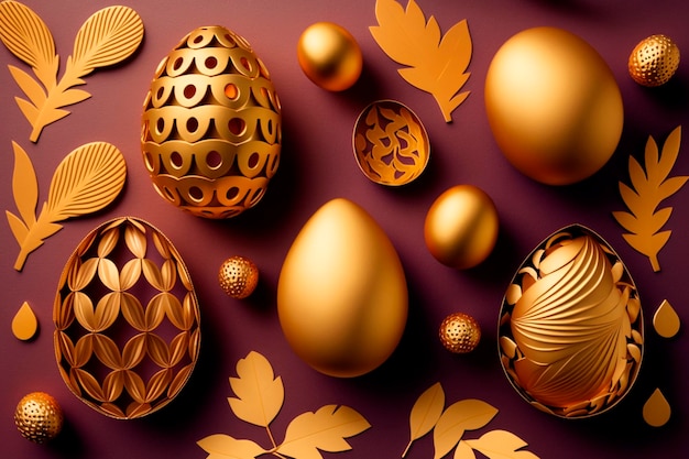 Gold easter eggs on a purple background