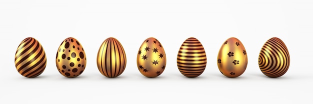 Золотые пасхальные яйца с набором Паттен изолированы. 3D рендеринг иллюстрации.