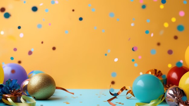 A gold egg sits on a blue table with confetti and confetti in the background.