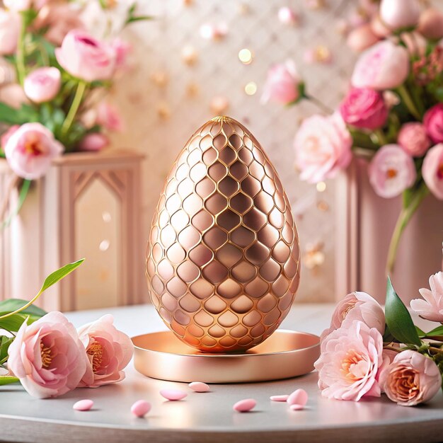 Photo a gold egg sits on a table with flowers and pink flowers