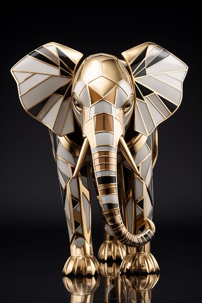 a gold elephant with a black background and gold and white stripes