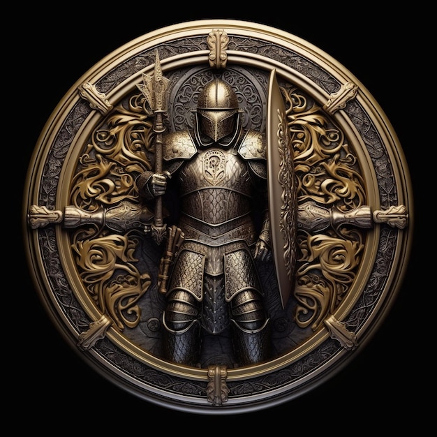 A gold emblem with a knight and a sword.