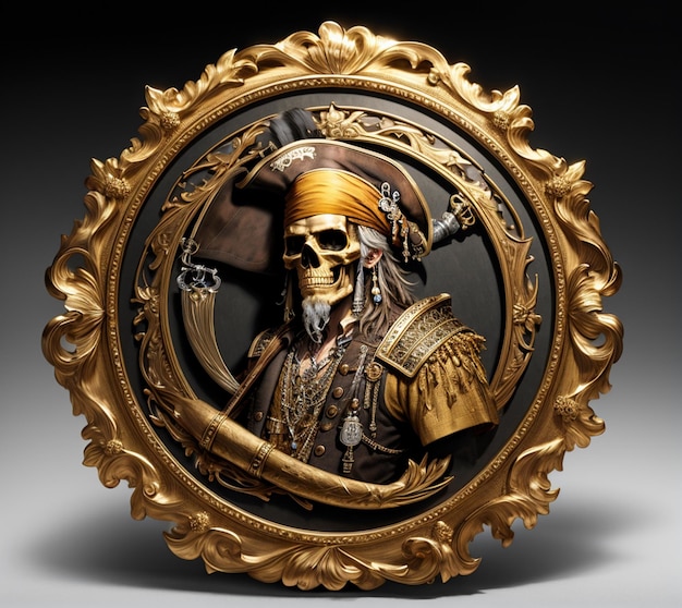 A gold emblem with a skull and a gold skull on it.