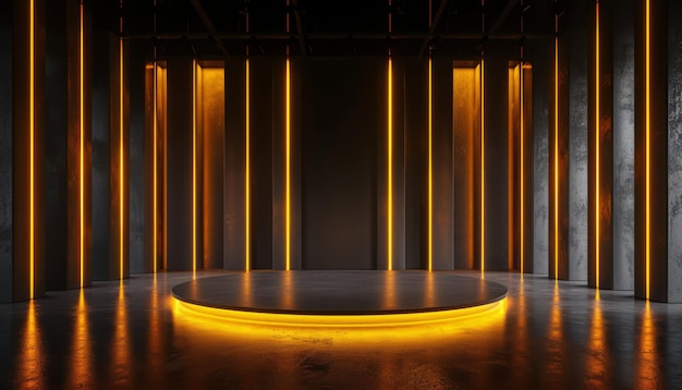 Золотой пустой подиум, плавающий в воздухе в темной сцене со стеной из вертикальных золотых неоновых ламп вокруг