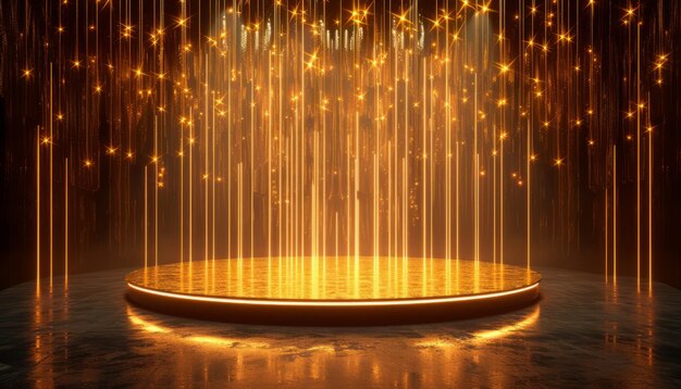 Золотой пустой подиум, плавающий в воздухе в темной сцене со стеной из вертикальных золотых неоновых ламп вокруг