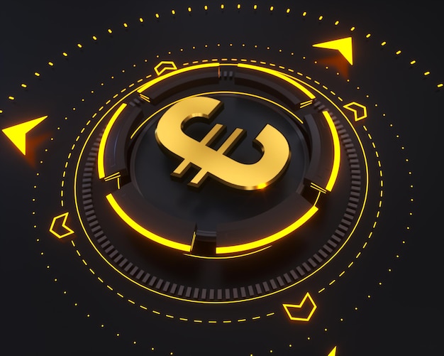 Gold euro money logo on the dark digital background and yellow glow shape