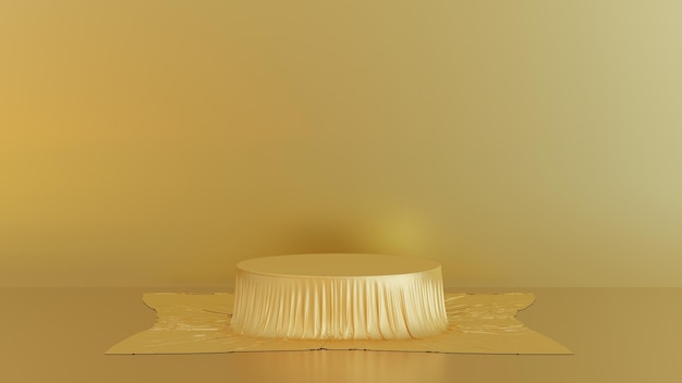 Gold fabric cover on round pedestal podium with gold stage for product demonstration award 3D render