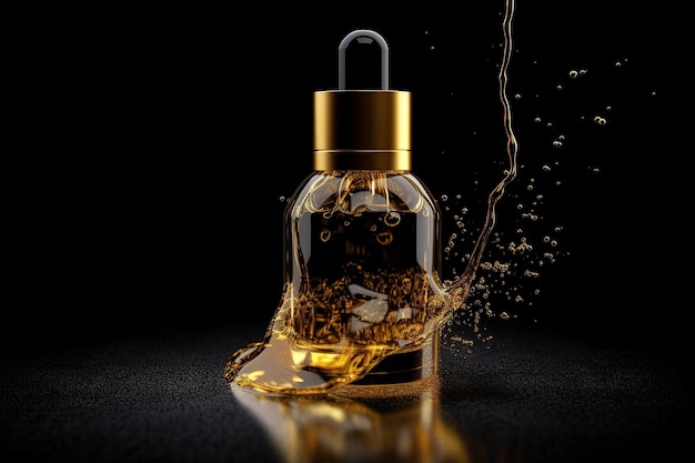 Gold face serum with splash on black background an essential oil in a moisturizing facial skincare product AI Generative