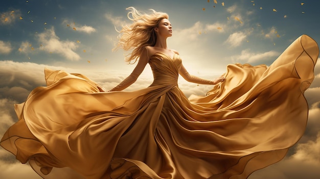 Gold fashion model dress woman in golden silk gown flowing fabric beautiful girl