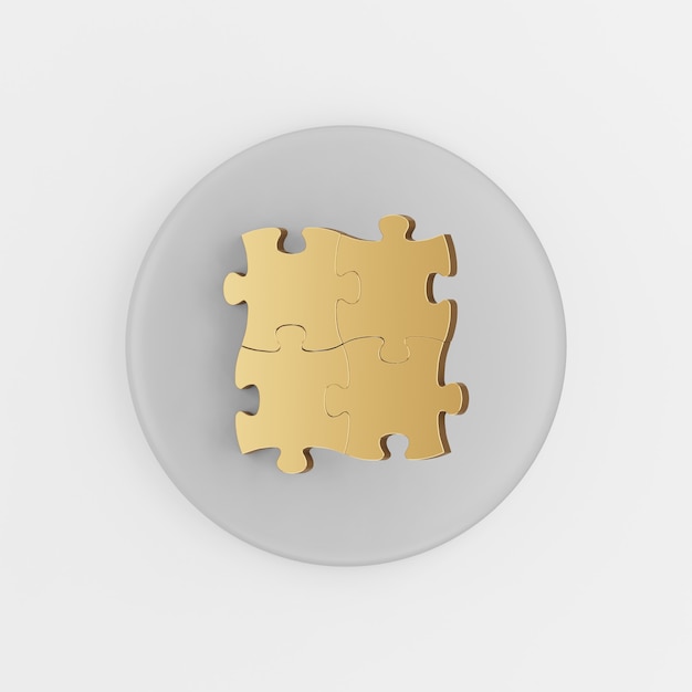 Gold fastened puzzles icon. 3d rendering gray round key button, interface ui ux element.