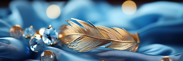 Photo a gold feather on a blue cloth ai