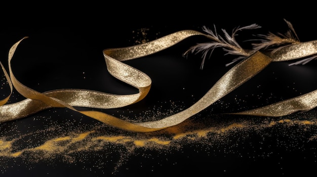 A gold feather is spread across a black background.