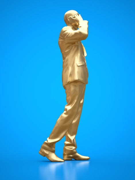 Gold figure of a black man in a suit talking on the phone. 3d rendering.