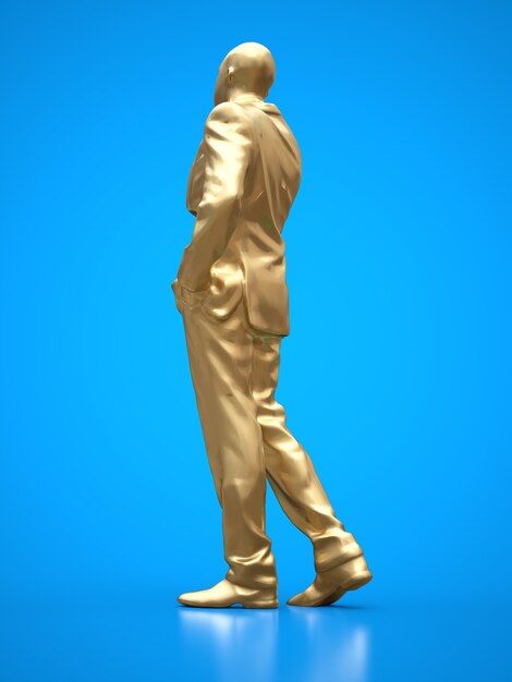 Figura d'oro di un uomo di colore in abito che parla al telefono. rendering 3d.