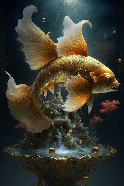 Золотая рыбка сидит на вершине фонтана, генерирующий искусственный интеллект