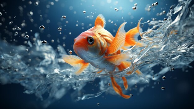 Foto un pesce d'oro che nuota con bolle d'acqua che cadono su uno sfondo blu nello stile di linee delicate