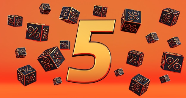 Gold five 5 percent number with Black cubes  percentages fly on a orange background. 3D render