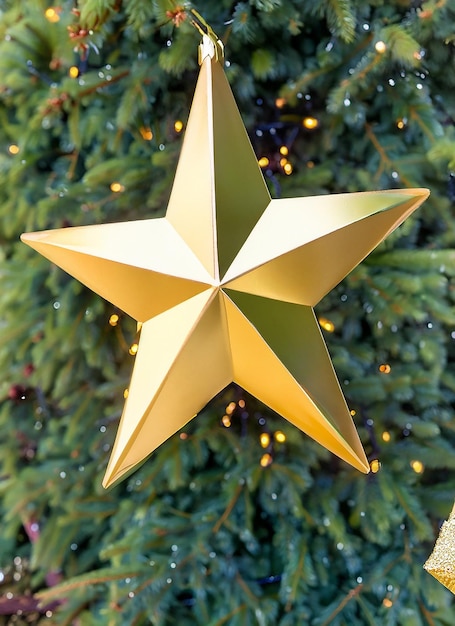 Photo gold five pointed star christmas decoration for haging on tree