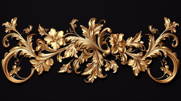 A gold floral design on a black background