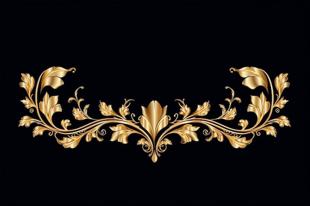 A gold floral design on a black background