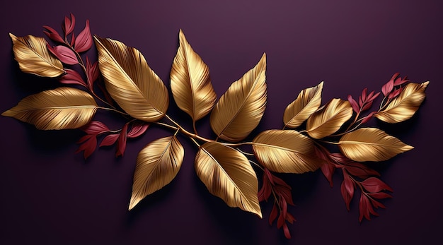 gold floral leaves on purple in the style of hyperrealistic illustrations