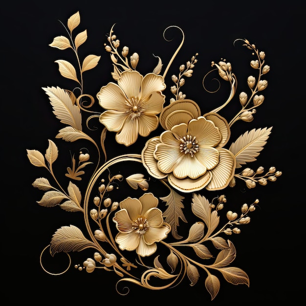 黒い背景の花と葉の金色の花の装飾物 ベクトルイラスト