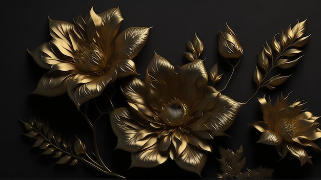 A gold flower is shown on a black background.