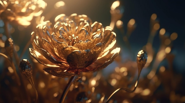 A gold flower sculpture with a light on it