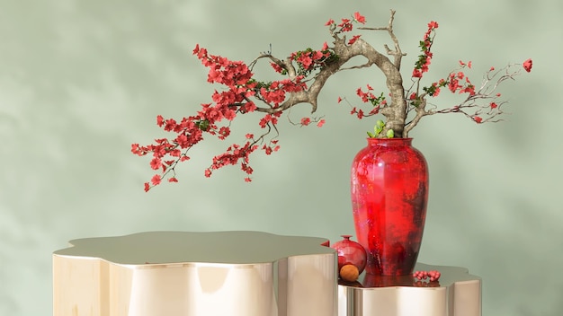 gold flower shape table podium with red vase of tree flower in dappled sunlight leaf foliage shadow on green wall for luxury organic cosmetic skincare beauty product background 3d