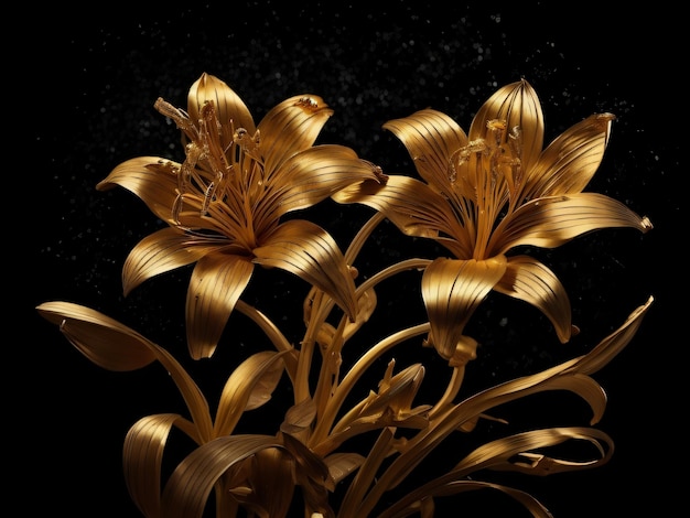 A gold flower with a black background