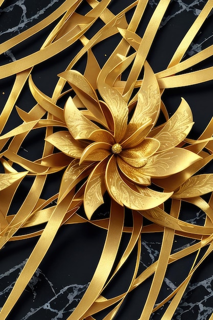 A gold flower with a black background