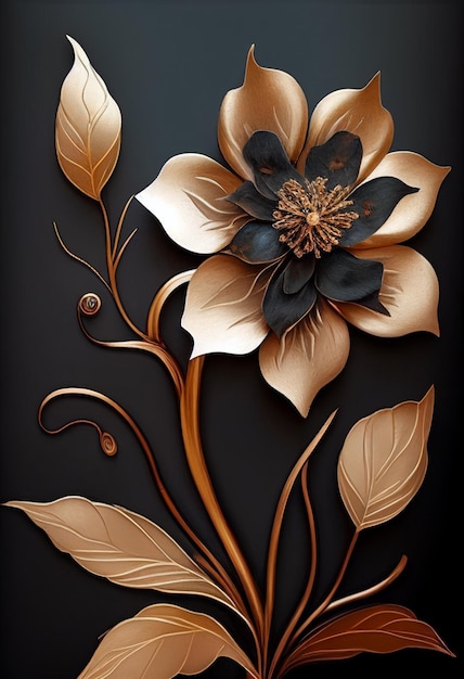 A gold flower with a black background.