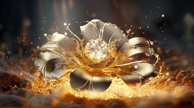 A gold flower with a diamond in the center