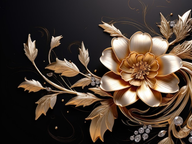 a gold flower with leaves and crystals