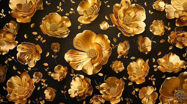 Photo gold flowers are displayed on a black background